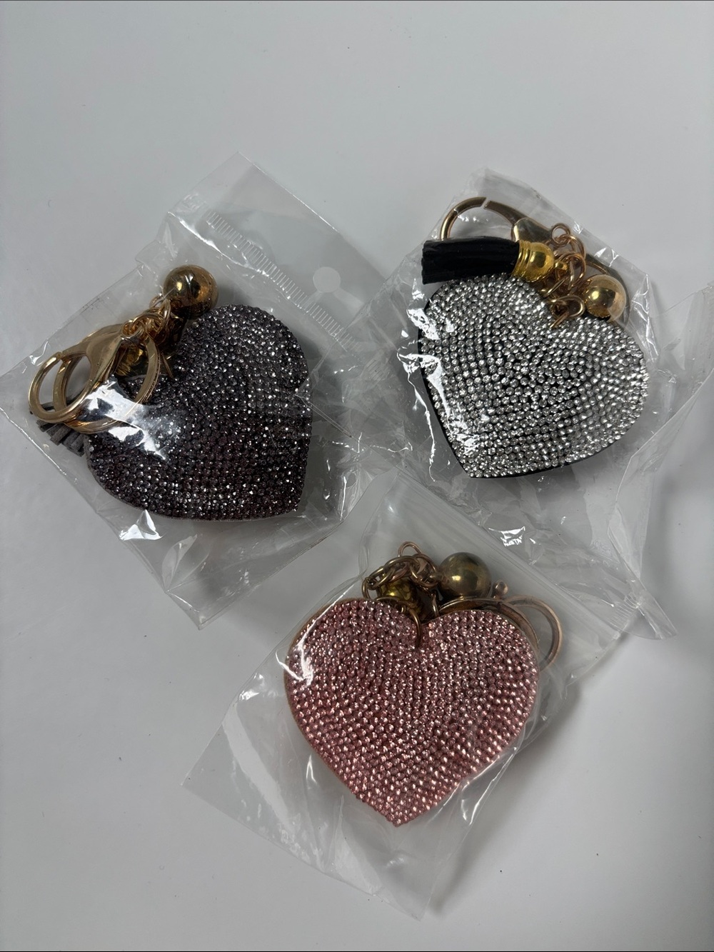 Heart Crystal Keychain Mini Bag Charm — Pink, Silver, Gunmetal